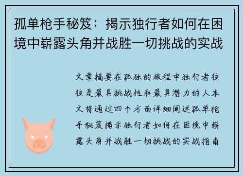 孤单枪手秘笈：揭示独行者如何在困境中崭露头角并战胜一切挑战的实战指南